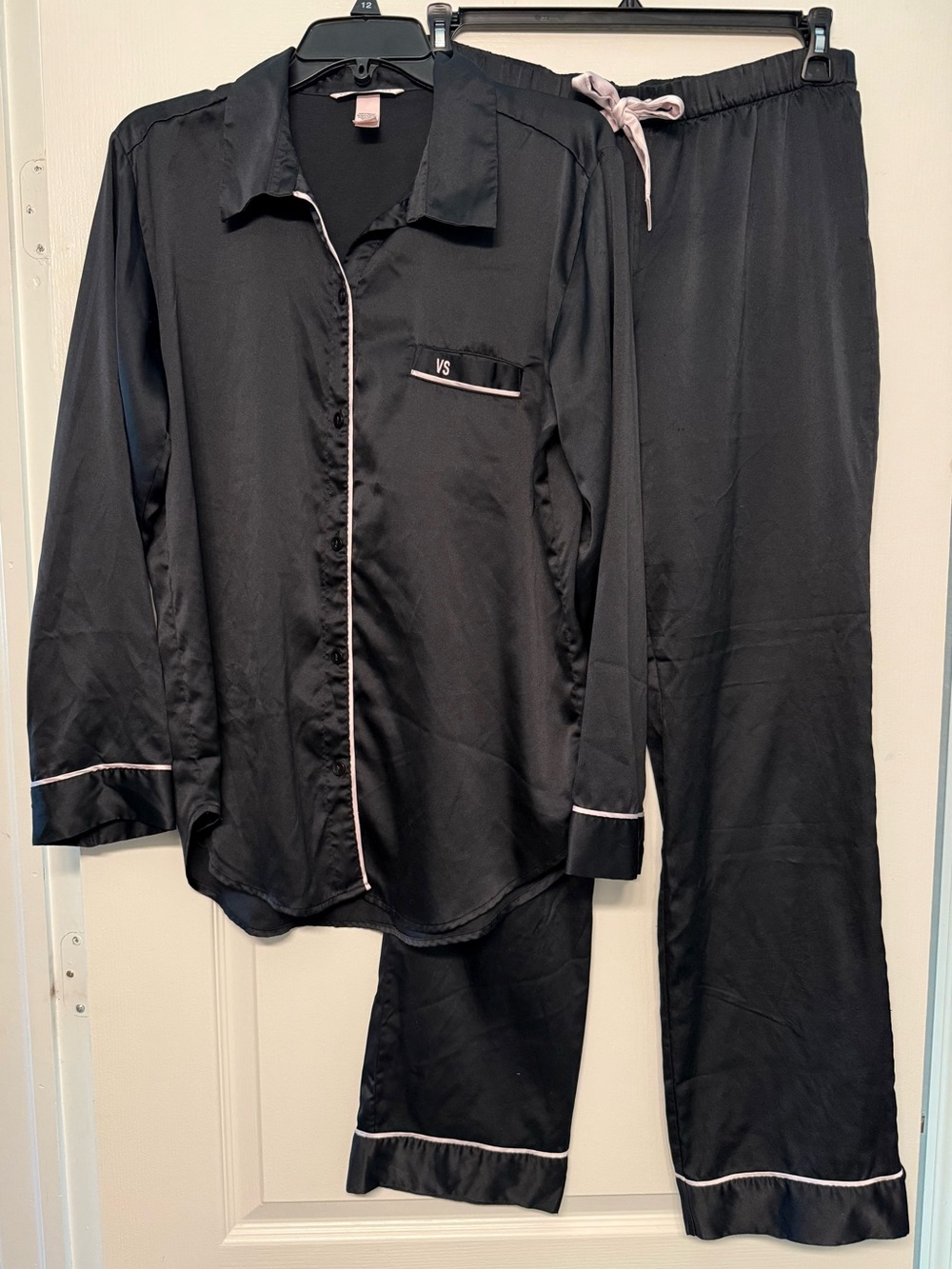 Victoria’s Secret Pajama Set Medium Long Black Satin Pink Trim Button Front PJs
